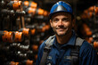 A male lubricant engineer with good smile wearing blue uniform with hat working in the oil logistic company looking in the camera with beautiful smile on the face