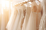 Fototapeta Uliczki - Assortment of Beautiful, Luxurious Wedding Dresses Hanging in a Boutique Bridal Salon. Explore Varied Styles and Silhouettes for an Enchanting Bridal Shopping Experience