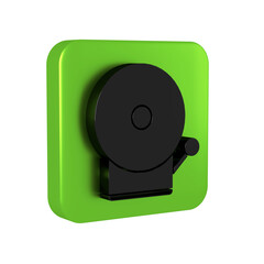 Wall Mural - Black Ringing alarm bell icon isolated on transparent background. Fire alarm system. Service bell, handbell sign, notification symbol. Green square button.