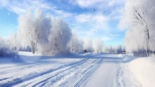 Winter Road, Covered With Snow On Sunny Day. Seamless Looping  Time-lapse Virtual Video Animation Background. Generated AI