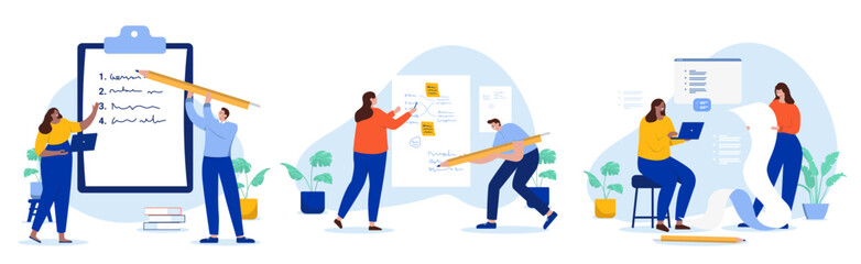 Aufkleber - Business notes - People in workshop making rough drafts, writing, making list and solving problem together in office at work. Flat design vector illustration with white background