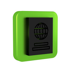 Poster - Black Passport with biometric data icon isolated on transparent background. Identification Document. Green square button.
