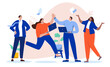 © Knut - Happy teamwork people - Group of businesspeople celebrating success and achievement giving high fives and smiling. Flat design vector illustration with white background