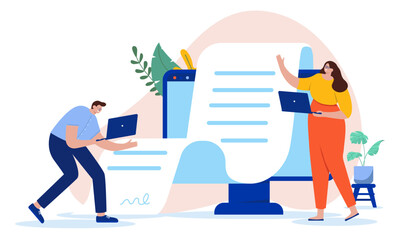 Poster - People reading digital business document - Man and woman with laptops working, writing and printing long text file from computer screen. Flat design vector illustration in flat design
