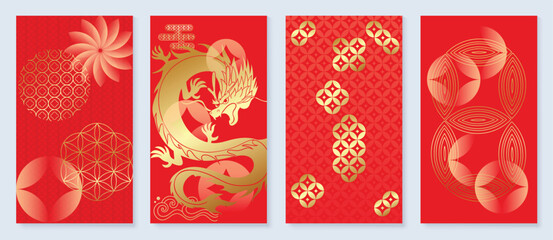 Happy Chinese New Year cover background vector. Year of the dragon design with golden dragon, coin, flower, sea wave, pattern. Elegant oriental illustration for cover, banner, website, calendar.