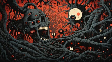 Wall Mural - A black and red painting with a skull in the middle, AI