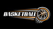 Vector logo for Basketball, decorative banner with contour illustration of thrown basketball ball, flying on trajectory in basket with net on dark background, basketball chalk sketch on black board