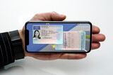 Fototapeta Góry - Digitaler Führerschein auf einem Handy in der Hand gehalten