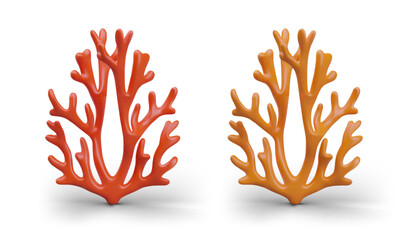 Collection with sea red and orange corals. Element for home aquarium decoration. Mediterranean culture. Vector illustration in 3d style on white background