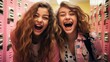 Closeup portrait photo of two giggling teenage girls, cute pattern fashion, posing in front of their school lockers, vibrant colors
