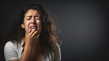 Photo, A Woman In A Plain Studio Background, Sneezing Into A Tissue, Her Expression Caught Mid-sneeze, Natural Light Highlighting The Realism Of The Moment
