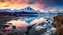 Photo, Landscape Photography In The Style Of Art Wolfe, Highlighting The Diverse Landscapes Of New Zealand South Island, From Rugged Mountains To Serene Lakes