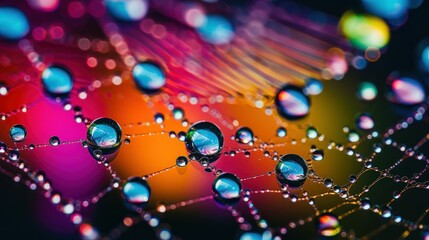 photo, macro image, tiny droplets on a spider web, iridescent reflections, natural geometry