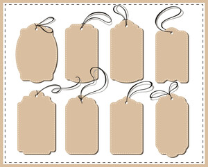 Set of 8 brown price tags on white background