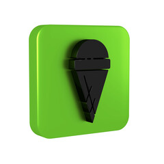 Wall Mural - Black Ice cream in waffle cone icon isolated on transparent background. Sweet symbol. Green square button.