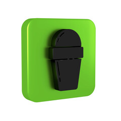 Poster - Black Ice cream in waffle cone icon isolated on transparent background. Sweet symbol. Green square button.