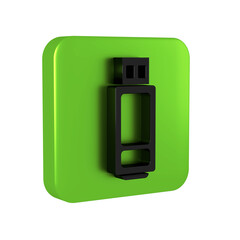 Poster - Black USB flash drive icon isolated on transparent background. Green square button.