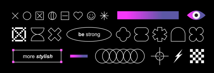 Aufkleber - Playful line shapes in Y2k style. Brutalism and minimalism aesthetic. Retro futuristic. Abstract geometric elements for modern web and graphic design. a majestic pink-black combination. Gradient. Rave