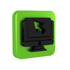 Poster - Black Computer monitor and cursor icon isolated on transparent background. Computer notebook with empty screen sign. Green square button.