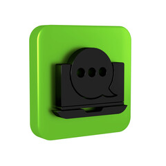 Poster - Black New chat messages notification on laptop icon isolated on transparent background. Smartphone chatting sms messages speech bubbles. Green square button.