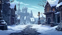 Mysterious Scenery Of A Magnificent Castle In Winter With Snowfall. Seamless Looping Virtual Animation Background, Cartoon Style. Generated With AI
