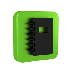 Poster - Black Notebook icon isolated on transparent background. Spiral notepad icon. School notebook. Writing pad. Diary for school. Green square button.