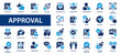 Approval flat icons set. Check mark, certified, validation, agreement, thumps up, settings, shield icons and more signs. Flat icon collection.