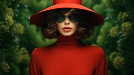 Wall Mural - Fashionable woman close-up portrait in combination of vibrant red color dress and green nature background with floral detail. Cover magazine, wallpaper and poster design. Fashion style