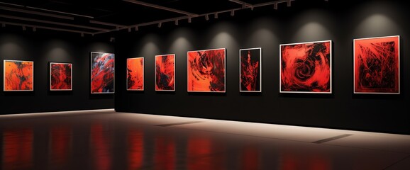 A gallery with a series of red abstract paintings