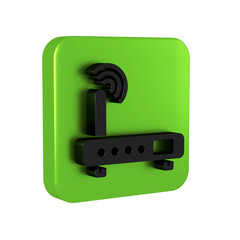 Poster - Black Router and wi-fi signal icon isolated on transparent background. Wireless ethernet modem router. Computer technology internet. Green square button.