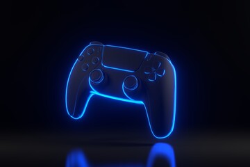 Poster - Gamepad with bright glowing futuristic blue neon lights on black background. Joystick for video game. Game controller. 3D render illustration