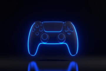 Poster - Gamepad with bright glowing futuristic blue neon lights on black background. Joystick for video game. Game controller. 3D render illustration
