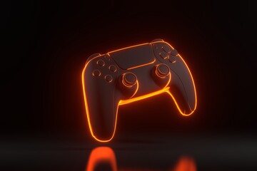 Poster - Gamepad with bright glowing futuristic orange neon lights on black background. Joystick for video game. Game controller. 3D render illustration
