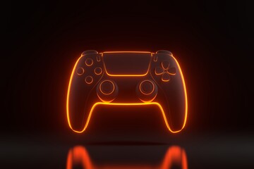 Poster - Gamepad with bright glowing futuristic orange neon lights on black background. Joystick for video game. Game controller. 3D render illustration