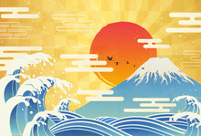 波と富士山と初日の出のイラスト_横2
