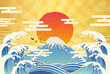 波と富士山と初日の出のイラスト_横1