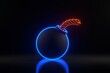 Spherical bomb with bright glowing futuristic blue and orange neon lights on a black background. 3D render illustration