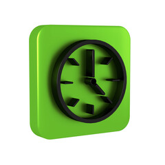 Poster - Black Clock icon isolated on transparent background. Time symbol. Green square button.