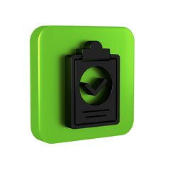 Poster - Black Verification of delivery list clipboard icon isolated on transparent background. Green square button.