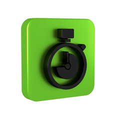 Poster - Black Stopwatch icon isolated on transparent background. Time timer sign. Chronometer sign. Green square button.