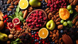 Selection of healthy food. Super foods, various fruits and assorted berries, nuts and seeds.