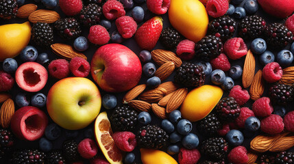 Wall Mural - Selection of healthy food. Super foods, various fruits and assorted berries, nuts and seeds.