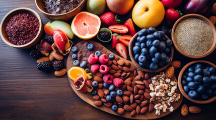 Wall Mural - Selection of healthy food. Super foods, various fruits and assorted berries, nuts and seeds.