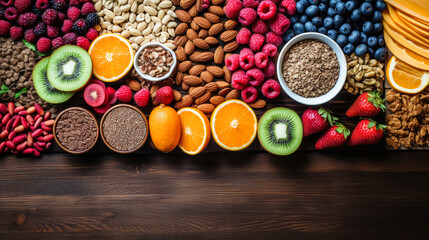 Wall Mural - Selection of healthy food. Super foods, various fruits and assorted berries, nuts and seeds.