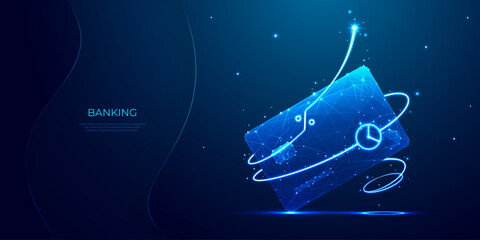 Poster - Abstract bank card with neon swoosh with percentage and time icon. Deposit or cash back concept. Digital money, online payment, and credit cards in light blue neon on a technology background. Vector