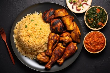 Wall Mural - Delicious Nigerian Food Flat Lay Composition with Rice, Meat, Chicken and Fried Dishes for a Hearty Lunch or Dinner Plate