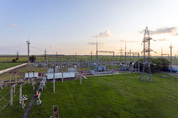 Wall Mural - Top view of a high voltage substation with switches and disconnectors.