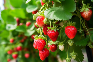 Poster - Ripening strawberries on a bush. Generative AI