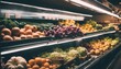 Fruits and vegetables in the refrigerated shelf of a supermarket