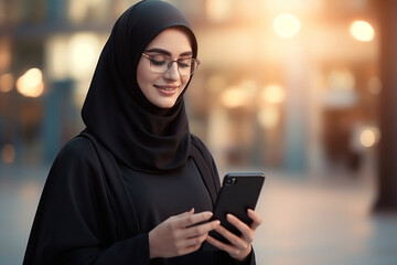 Muslim woman in black abaya with smartphone. AI generated.